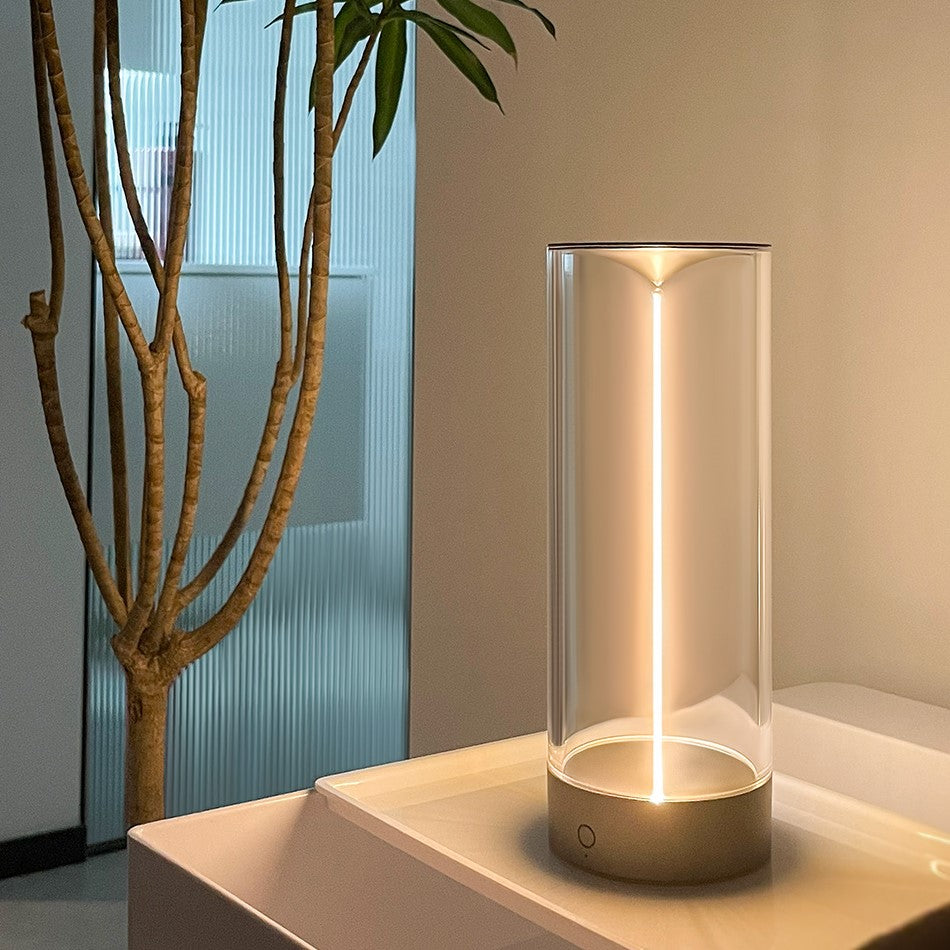 Modern cylindrical table lamp on a surface with a plant in the background