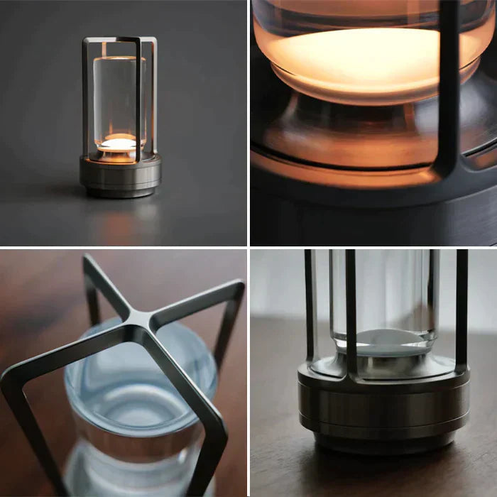 Collage of a modern lantern with glass cover and metal frame on a dark background.