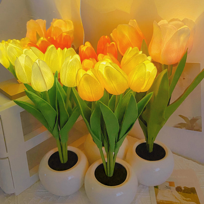 Three potted tulip plants with glowing yellow and orange flowers on a light background.