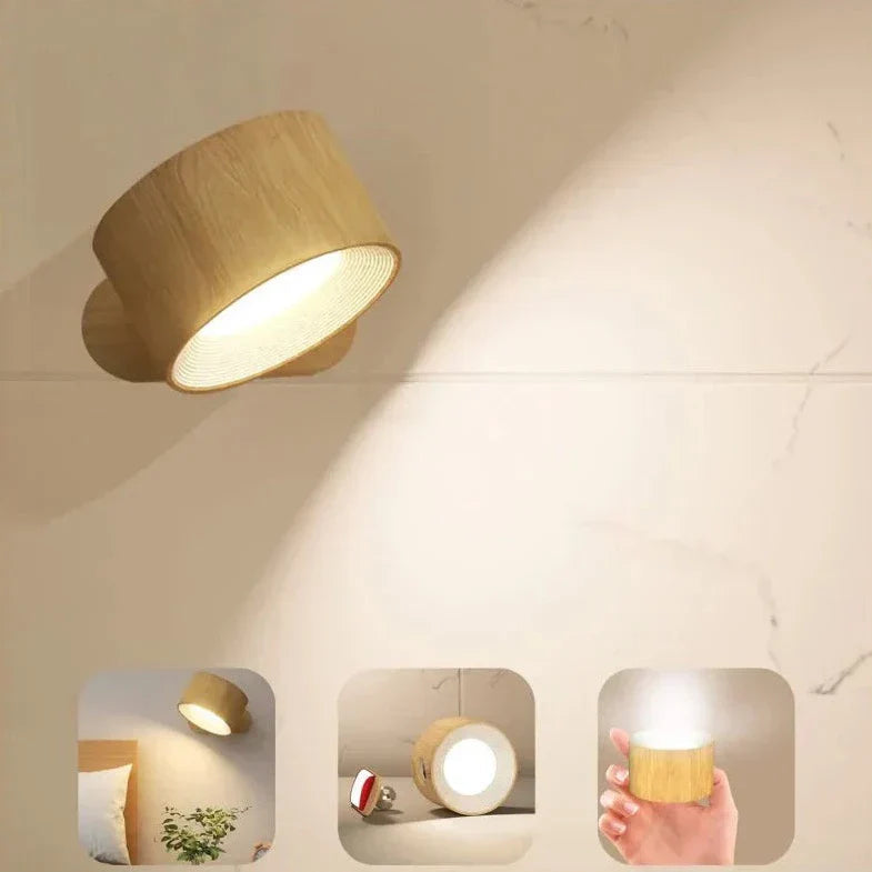 Wooden ceiling light fixture with inset images showing its use in various settings.