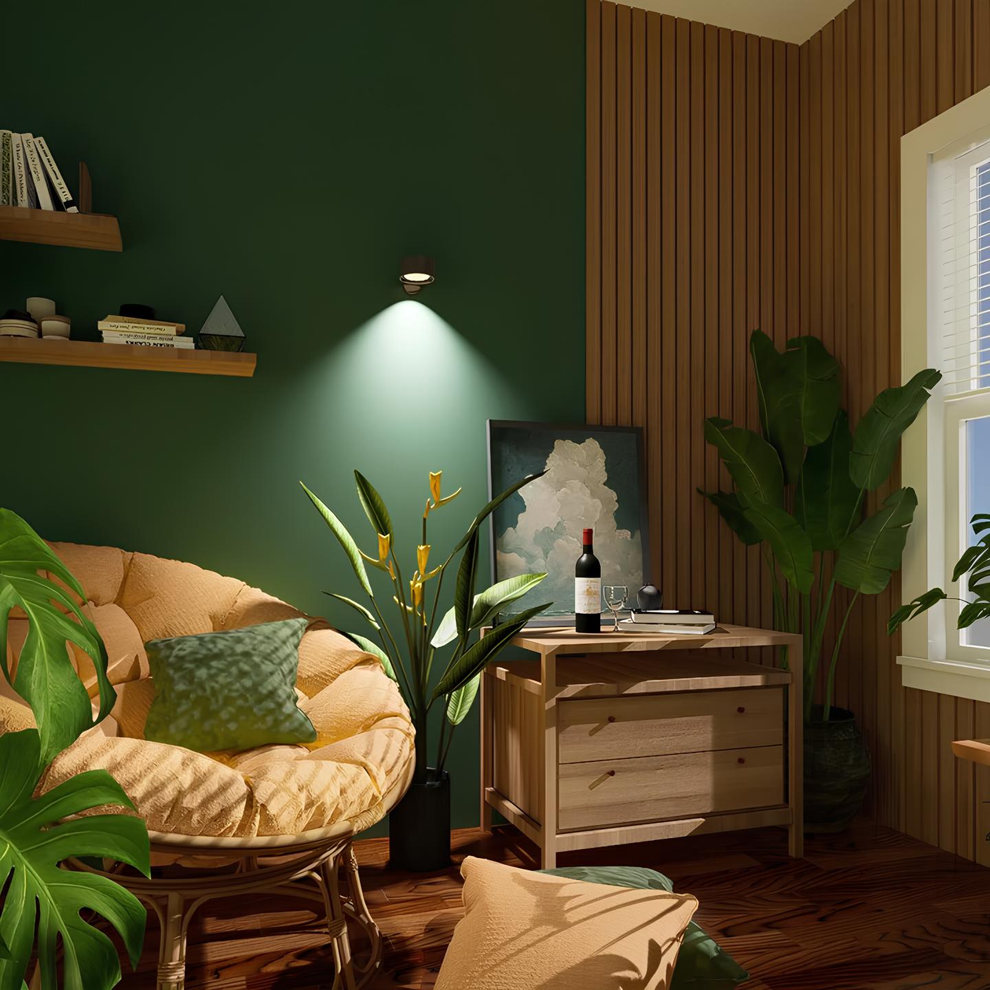 Cozy living room with a green wall, wooden furniture, and plants.