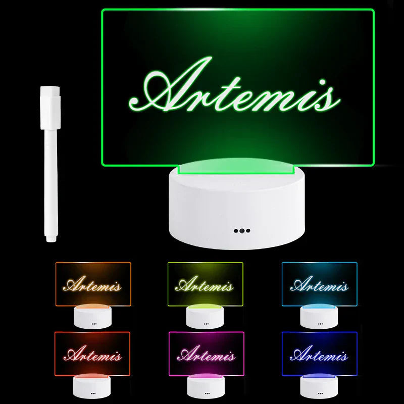 LED night light with 'Artemis' branding and color-changing capabilities on a black background.