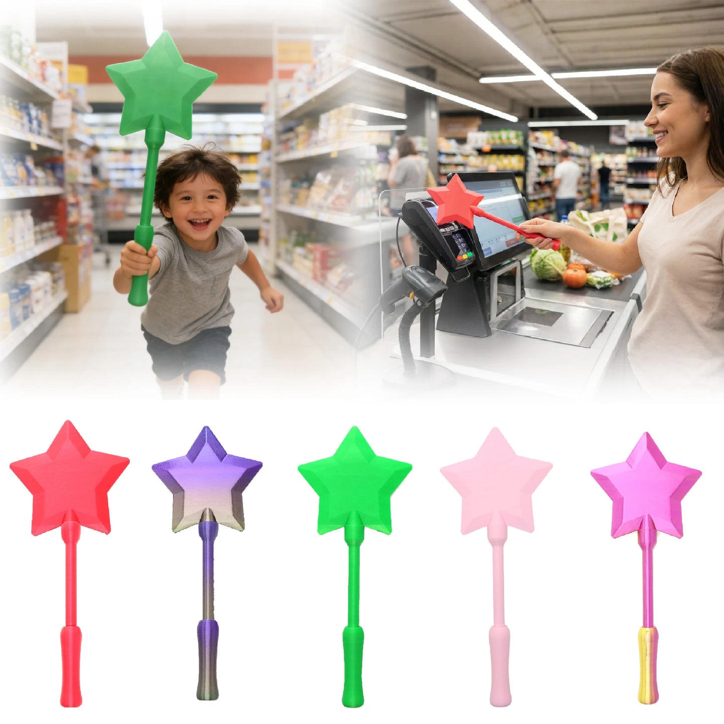 Josh & Tate - Magic Wand Cardholder - Star-shaped wands in various colors with a blurred background of a grocery store checkout.