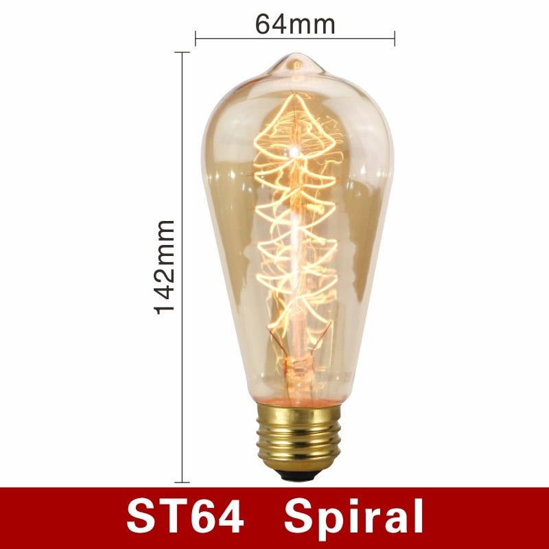 Vintage-style light bulb with spiral filament and measurements on a white background