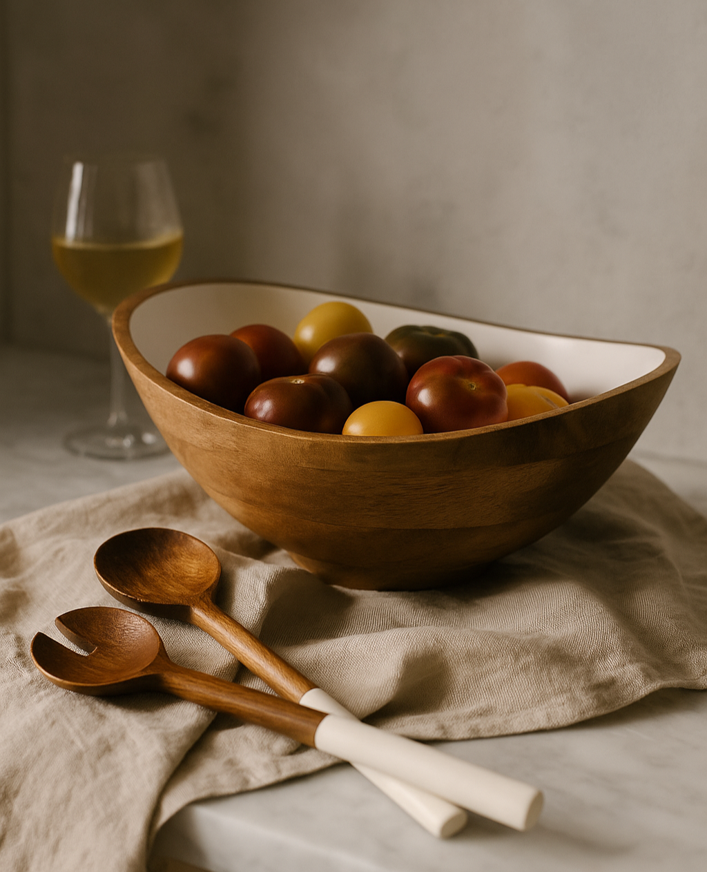 Wooden bowl with fruits, wooden spoons, and a glass of wine on a textured surface.