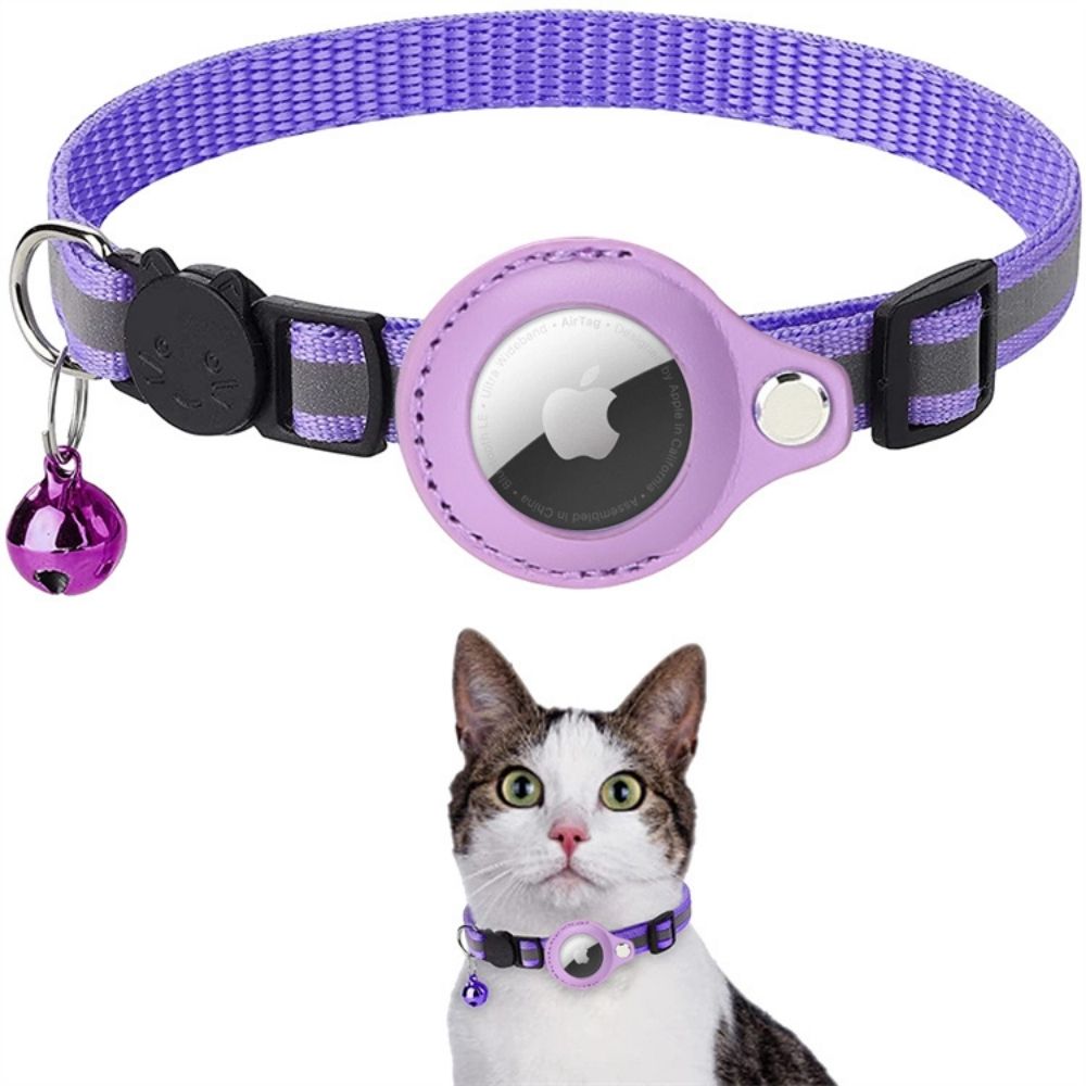 Purple pet collar with a device attached, worn by a cat on a white background