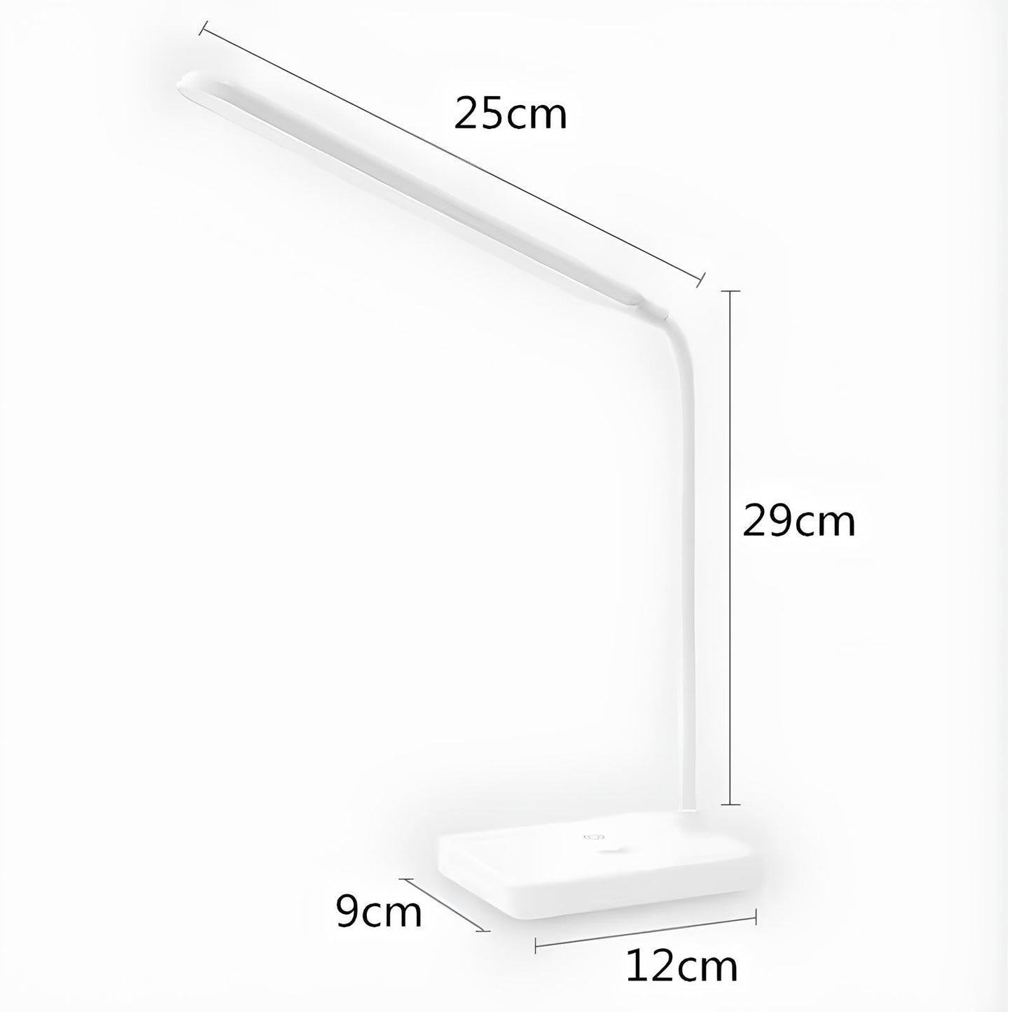 Measurement chart of a white LED desk lamp with dimensions labeled.