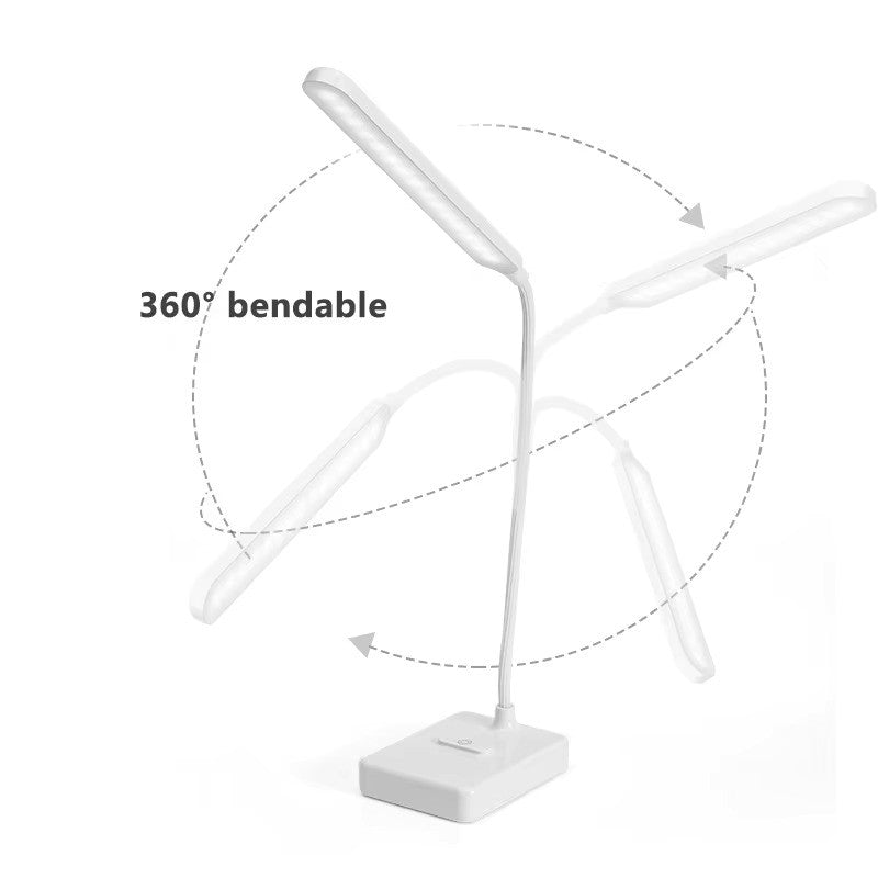White LED desk lamp with a 360-degree bendable design on a white background