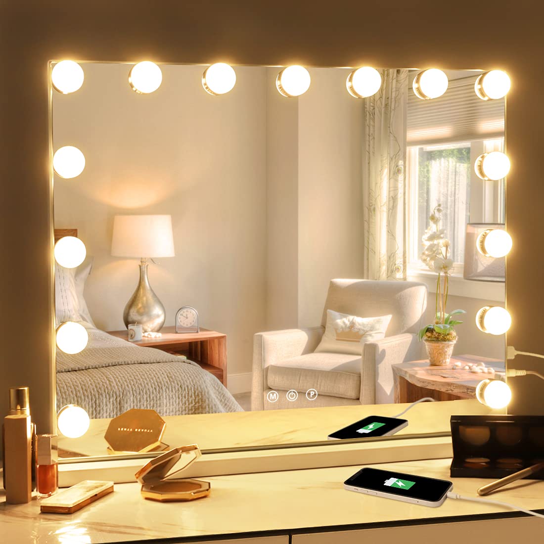 Makeup mirror with lights on a vanity table in a bedroom setting