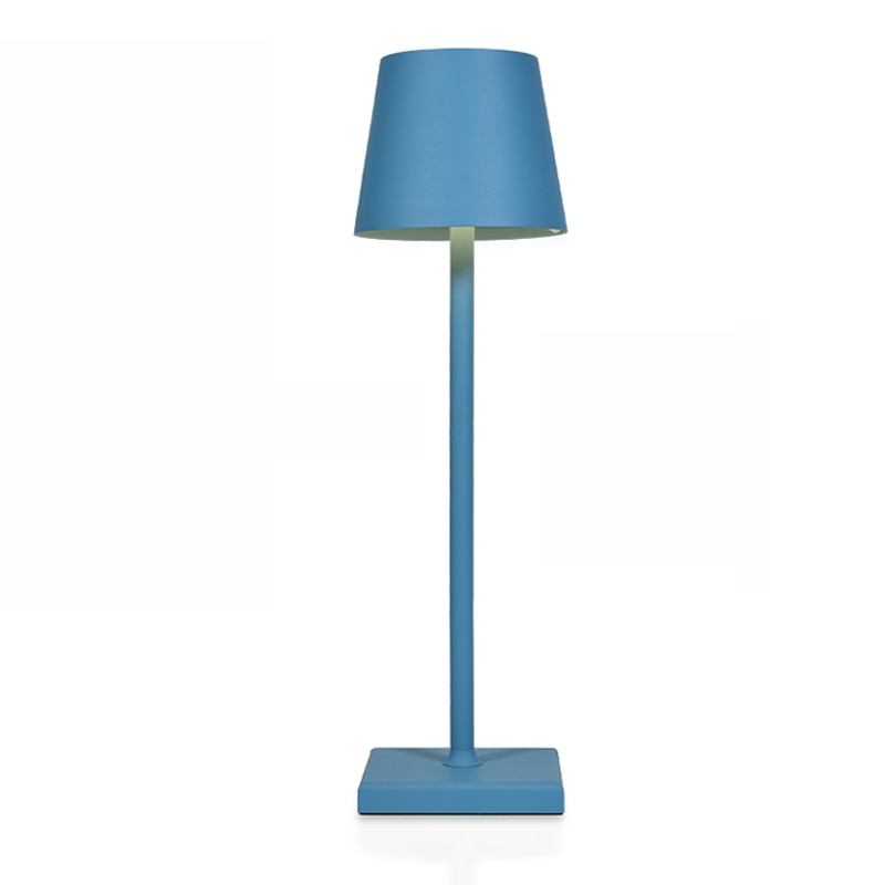 Blue floor lamp with a square base on a white background