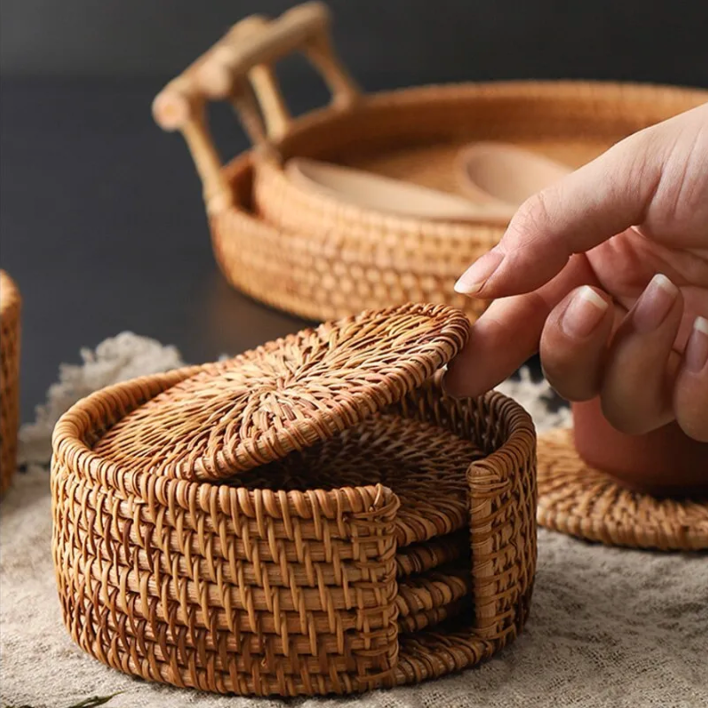 Rustic Weave Bamboo Rattan Coaster Set