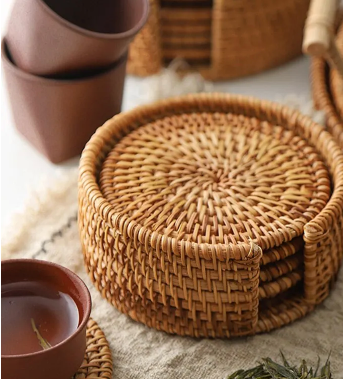 Rustic Weave Bamboo Rattan Coaster Set
