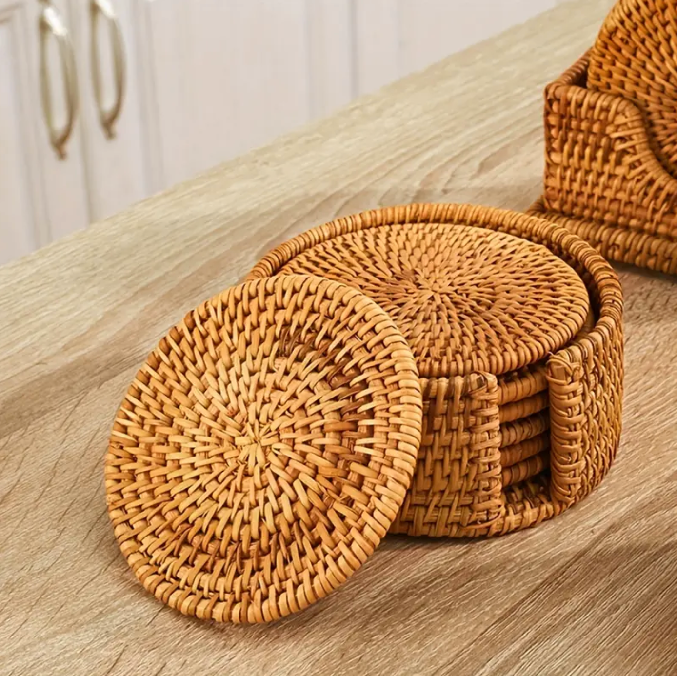 Rustic Weave Bamboo Rattan Coaster Set