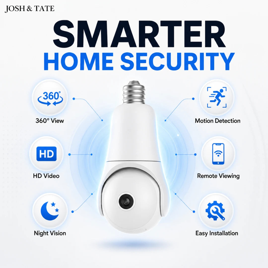 Josh & Tate - SentrySocket™ 360° Bulb Security Camera - Smart home security light bulb with features like 360-degree view, motion detection, HD video, remote viewing, night vision, and easy installation.