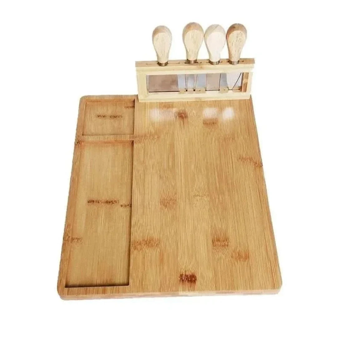 Josh & Tate - Serving Board Set with Built-In Knife Holder - Bamboo cutting board with knife block and knives on a white background