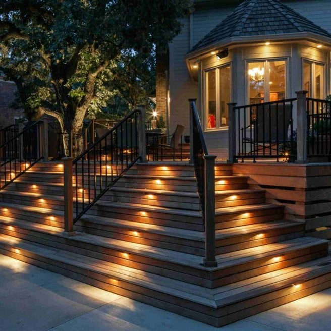Wooden staircase with embedded lights leading to a house at night.