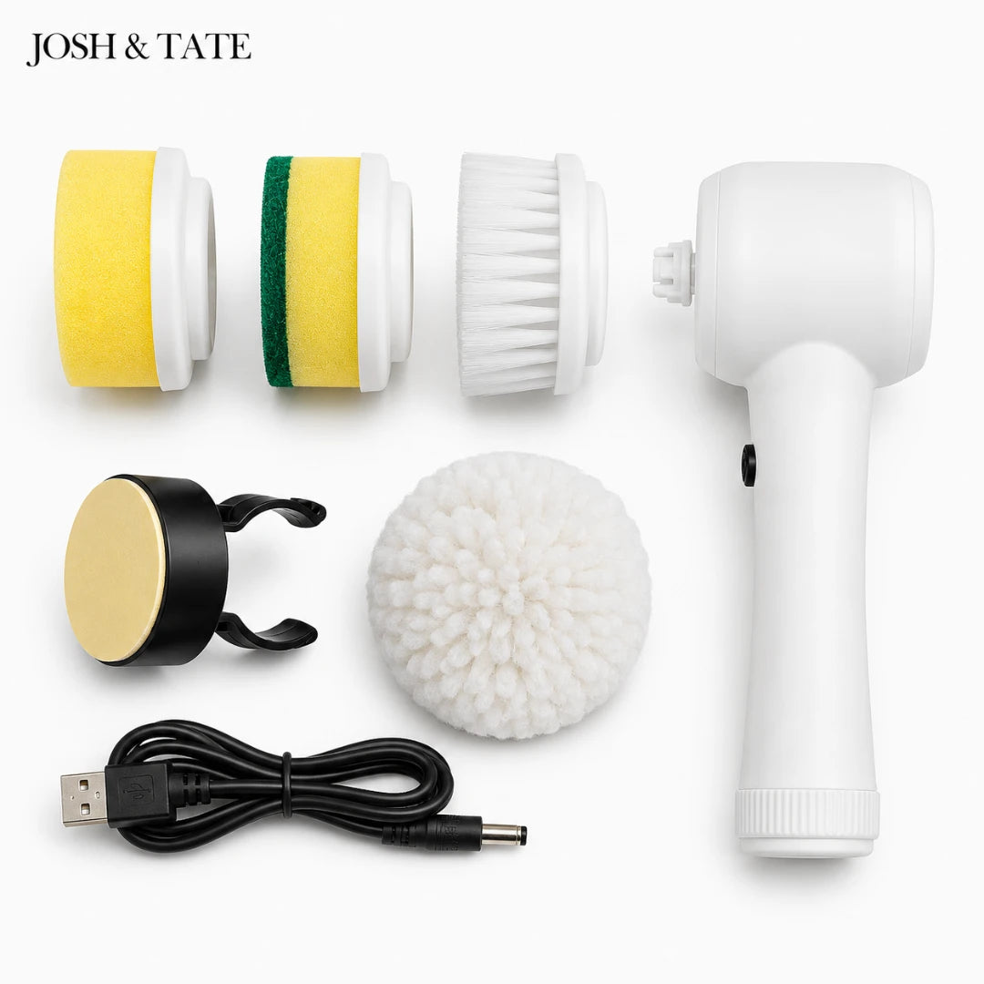 Josh & Tate - SpinScrub™ Cordless Electric Cleaning Brush - Set of cleaning brushes and attachments with USB cable on a white background, featuring the brand 'Josh & Tate'.