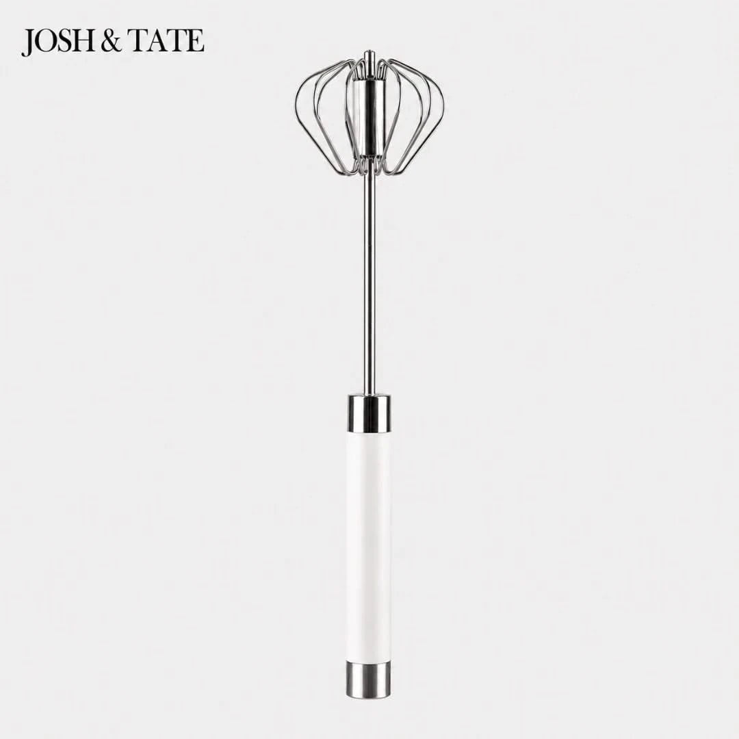 Josh & Tate - SpinWhisk™ Self-Rotating Hand Whisk - Metallic kitchen whisk on a white background with 'Josh & Tate' branding.
