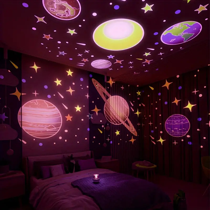 Room with cosmic ceiling lights and projections of planets and stars on the walls.