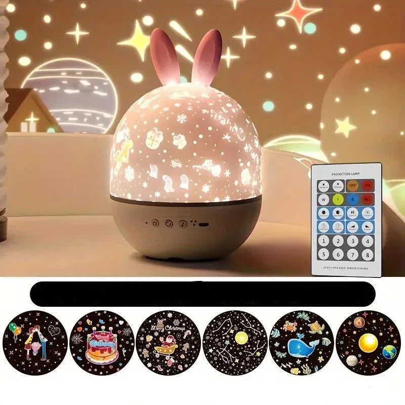 Children's night light with rabbit ears and remote control, featuring starry sky design.