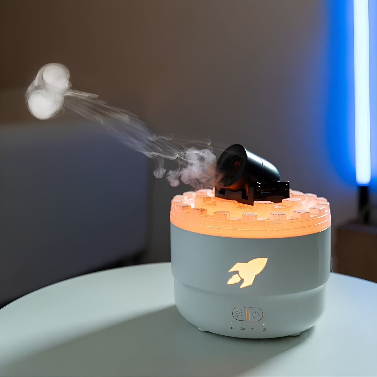 Humidifier emitting steam on a table with a blurred background
