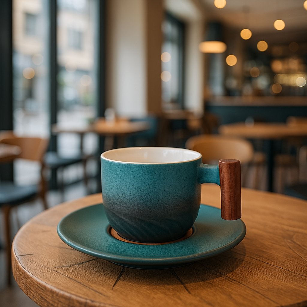 Blue ceramic cup with wooden handle on a saucer in a blurred café setting