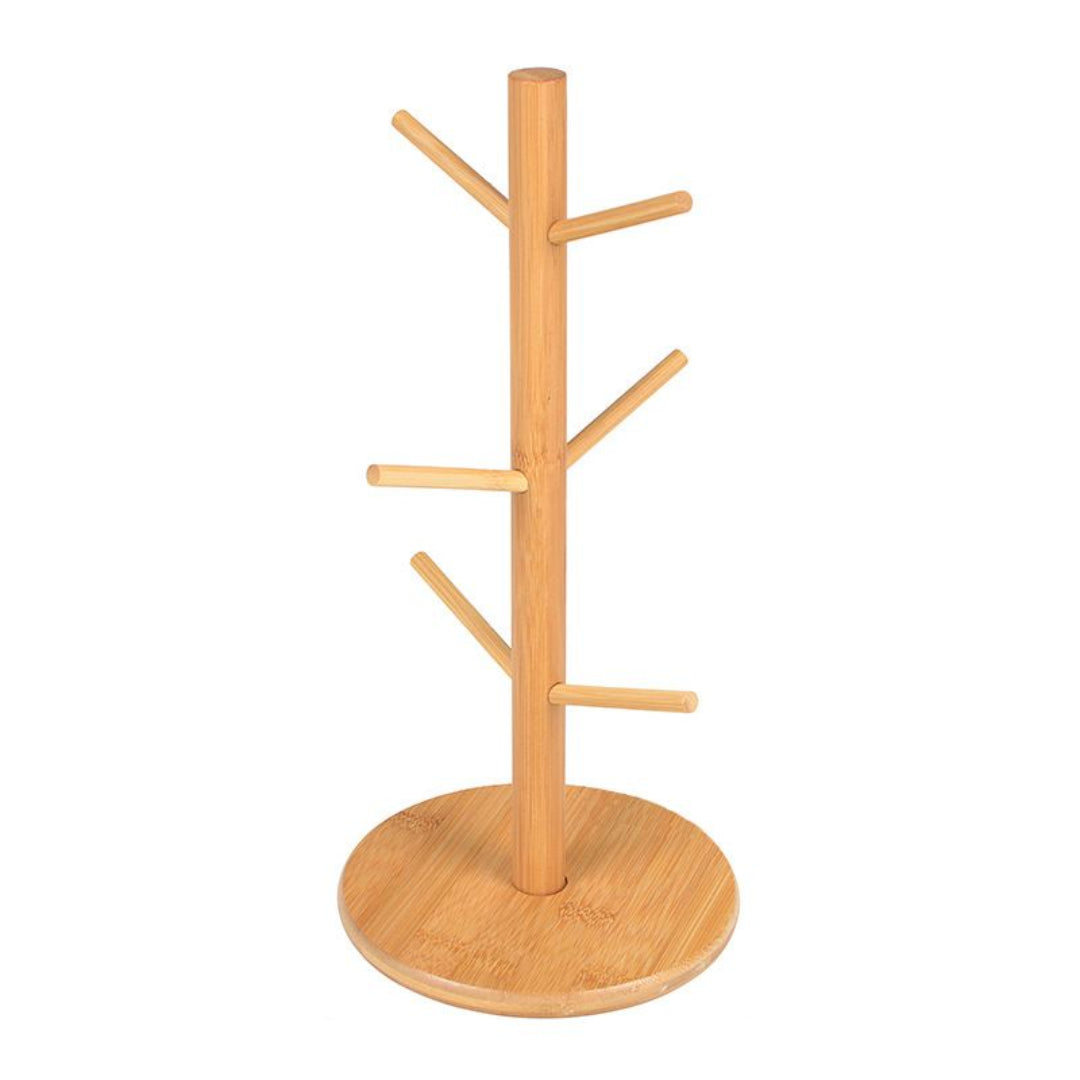 Wooden coat rack with multiple hooks on a white background