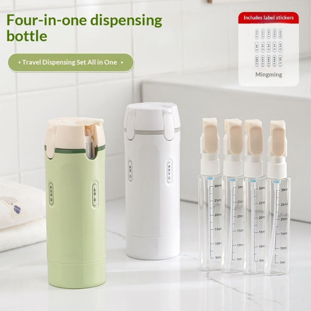 Four-in-one dispensing bottle set with green and white bottles on a tiled bathroom floor.