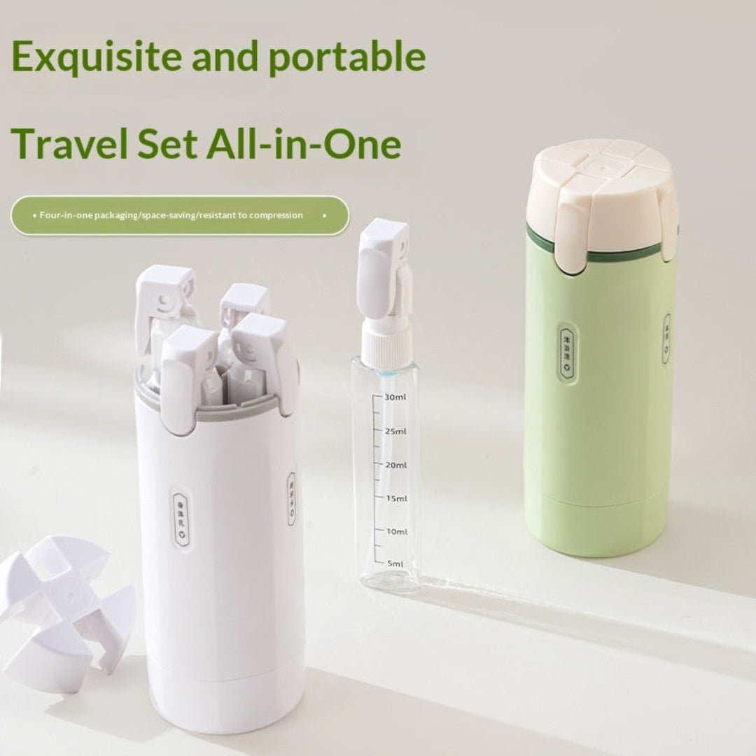 Exquisite and portable travel set with a green bottle and white containers on a light background.