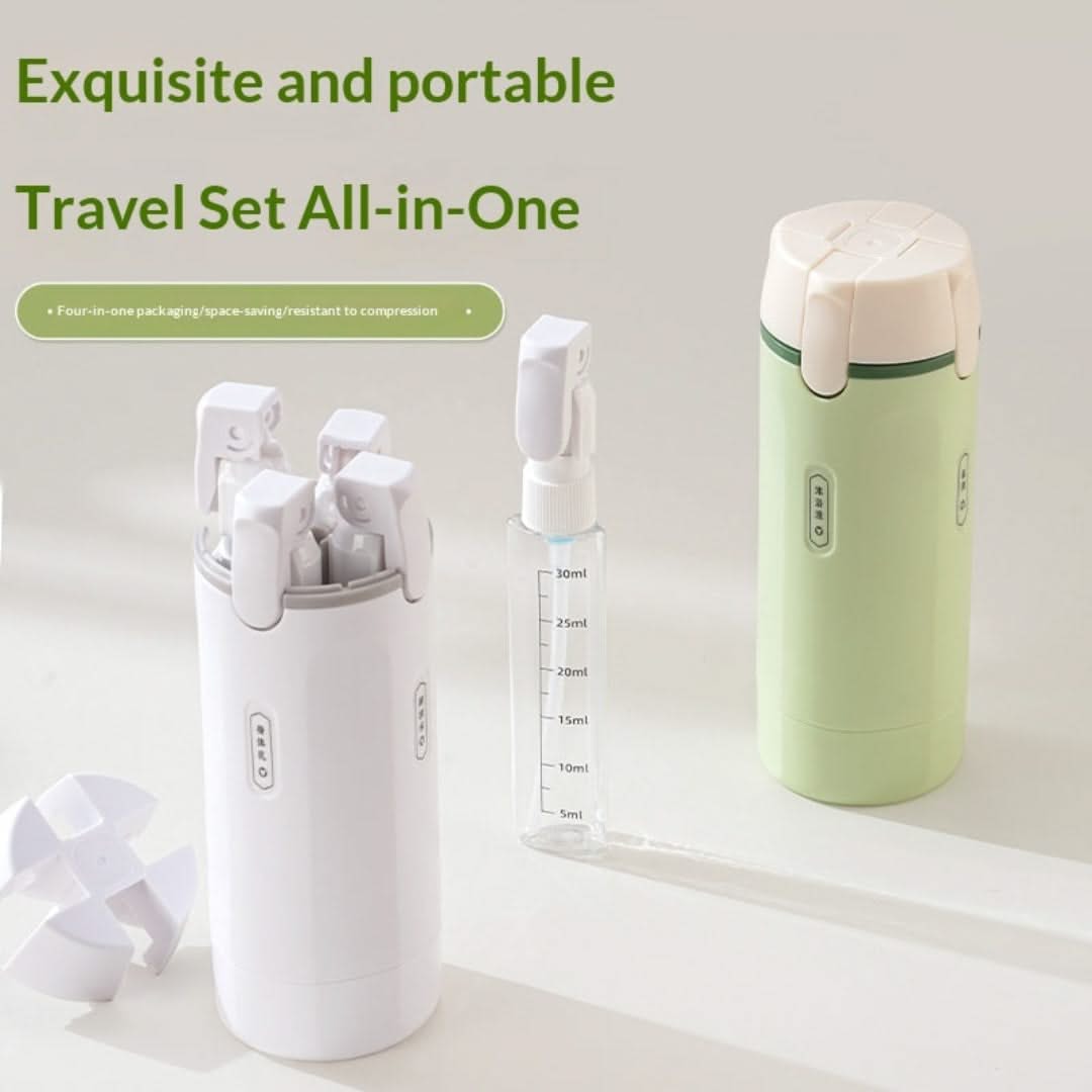 Exquisite and portable travel set with a green bottle and white containers on a light background.