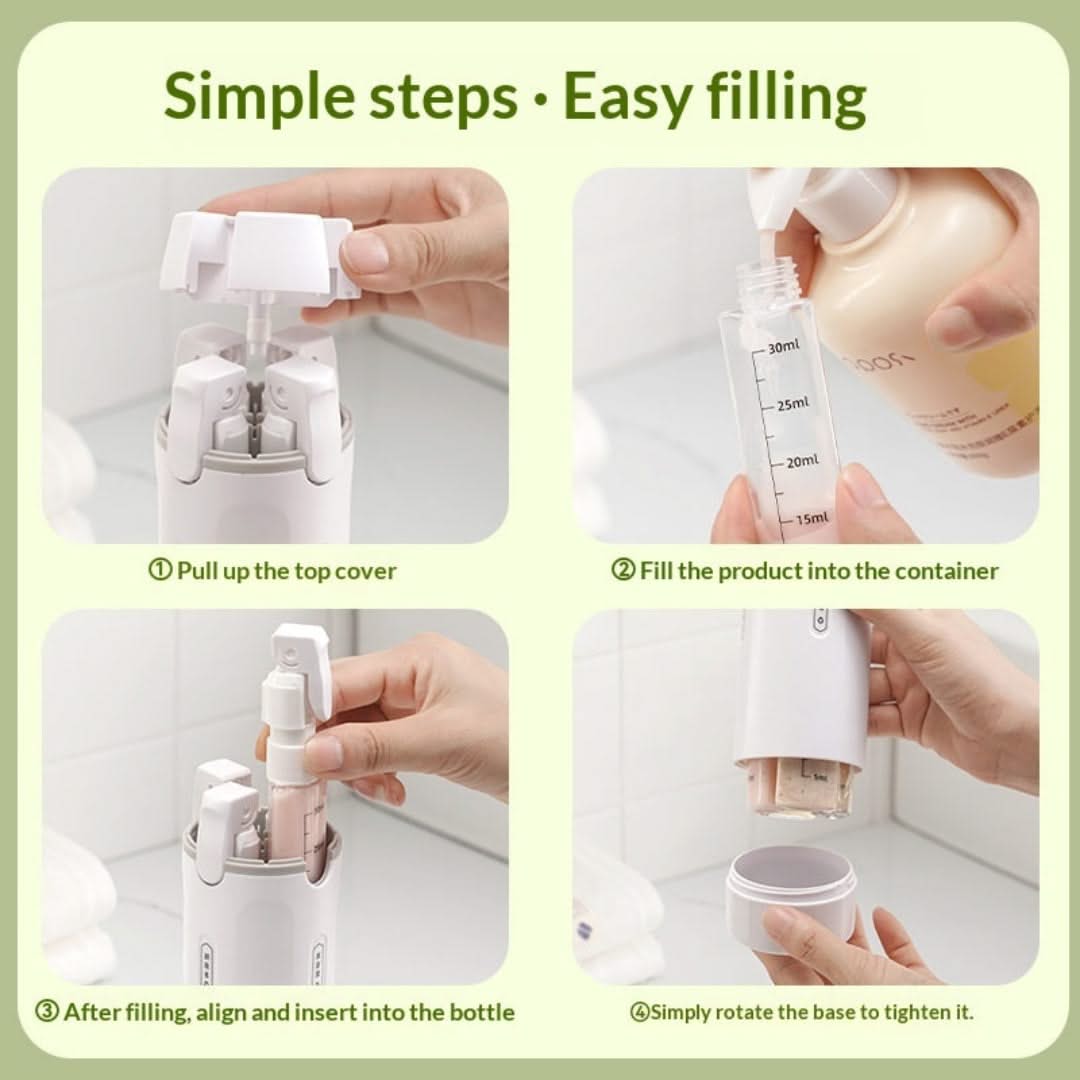Step-by-step guide on how to fill a product into a container with text 'Simple steps · Easy filling'.