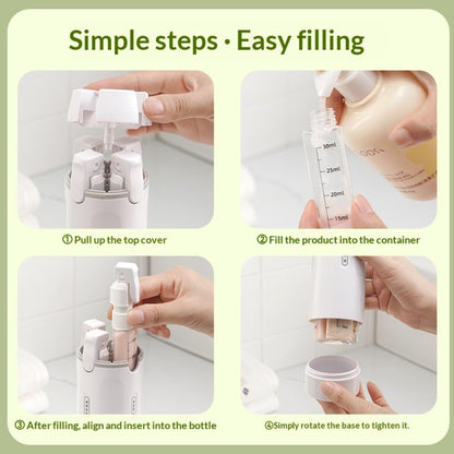 Step-by-step guide on how to fill a product into a container with text 'Simple steps · Easy filling'.
