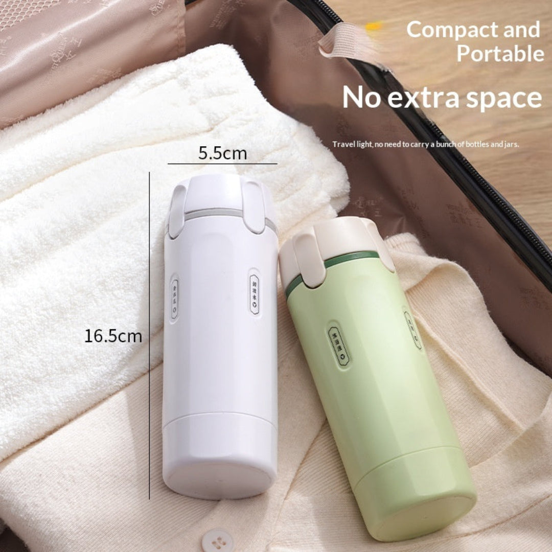 Two thermos bottles, one white and one green, on a textured surface with measurements and text about compactness.