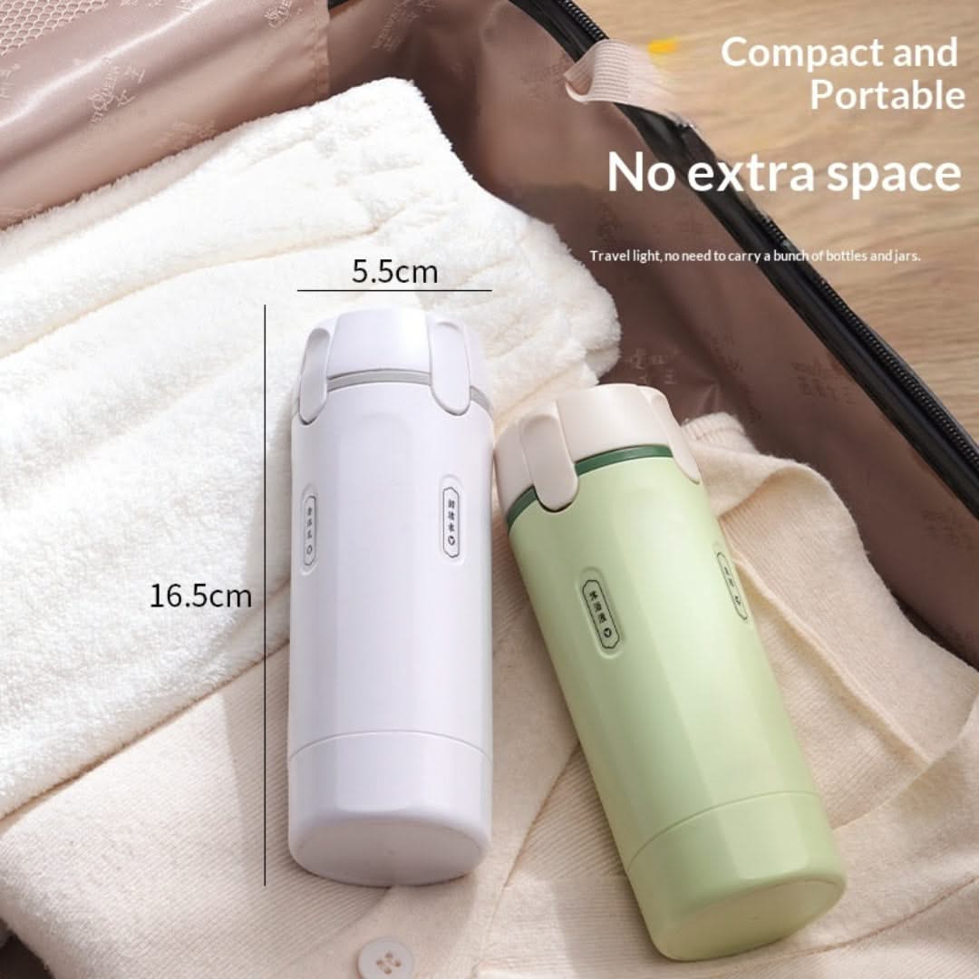 Two thermos bottles, one white and one green, on a textured surface with measurements and text about compactness.