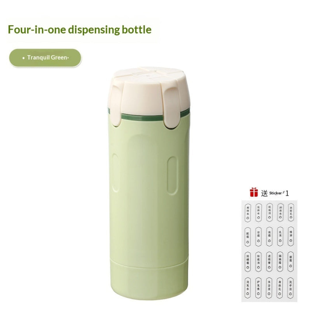 Green four-in-one dispensing bottle with white cap on a white background