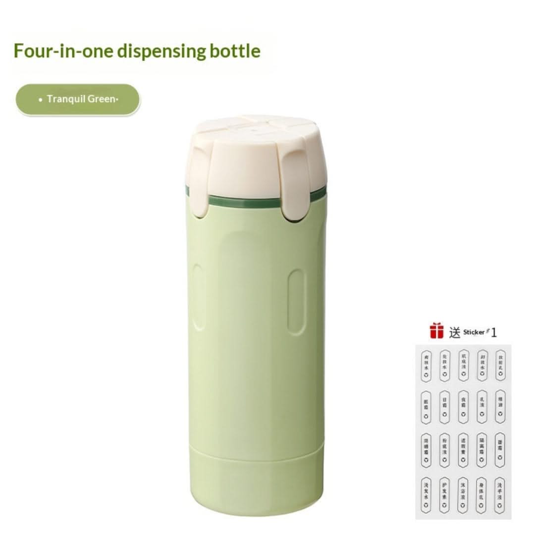 Green four-in-one dispensing bottle with white cap on a white background