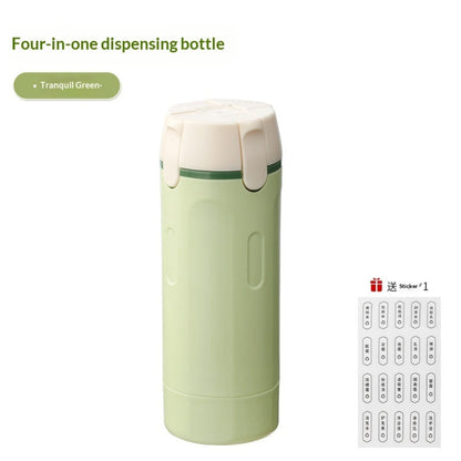 Green four-in-one dispensing bottle with white cap on a white background
