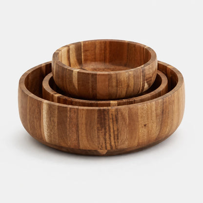 Josh & Tate - AcaciaCurve™ Wood Bowl - Three nested round wooden bowls of varying sizes with a natural striped wood grain pattern, shown on a light gray background.