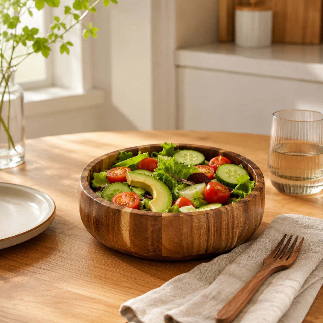 Josh & Tate - AcaciaCurve™ Wood Bowl - A round wooden salad bowl filled with fresh greens, cucumber slices, avocado, and cherry tomatoes on a wooden dining table, with a glass of water, a plate, and a fork nearby.