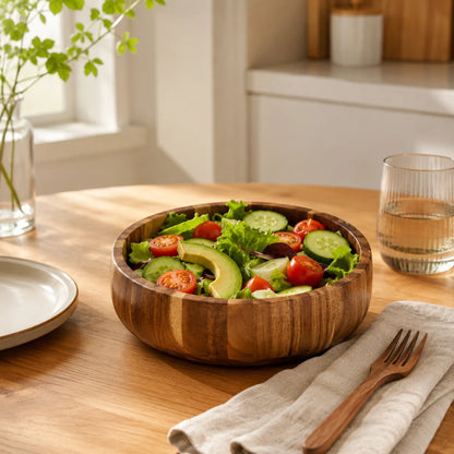 Josh & Tate - AcaciaCurve™ Wood Bowl - A round wooden salad bowl filled with fresh greens, cucumber slices, avocado, and cherry tomatoes on a wooden dining table, with a glass of water, a plate, and a fork nearby.