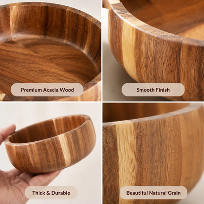 Josh & Tate - AcaciaCurve™ Wood Bowl - A 2x2 collage showing a wooden bowl from multiple angles: a top-down view labeled 'Premium Acacia Wood,' a close-up of the rim labeled 'Smooth Finish,' a hand holding the bowl to show thickness labeled 'Thick & Durable,' and a grain close-up labeled 'Beautiful Natural Grain.'.