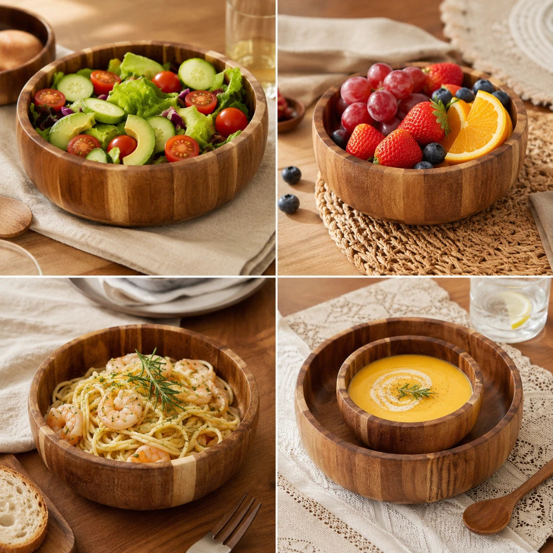 Josh & Tate - AcaciaCurve™ Wood Bowl - A 2x2 collage showing a set of round wooden bowls in different dining settings. The top-left panel shows a large wooden bowl filled with a fresh salad.