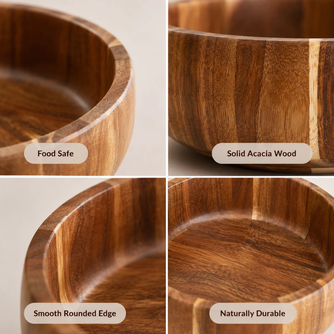 Josh & Tate - AcaciaCurve™ Wood Bowl - Four-panel close-up collage of a wooden bowl, showing the interior rim, solid acacia wood grain, rounded edge, and natural durability. Text labels appear over each panel: 'Food Safe,' 'Solid Acacia Wood,' 'Smooth Rounded Edge,' and 'Naturally Durable.