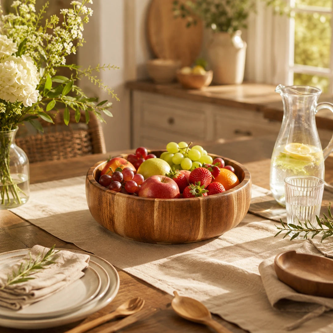 Josh & Tate - AcaciaCurve™ Wood Bowl - A round wooden bowl filled with fresh red apples, green grapes, strawberries, and cherries, styled on a dining table with linen placemats, a glass pitcher, and flowers in the background.