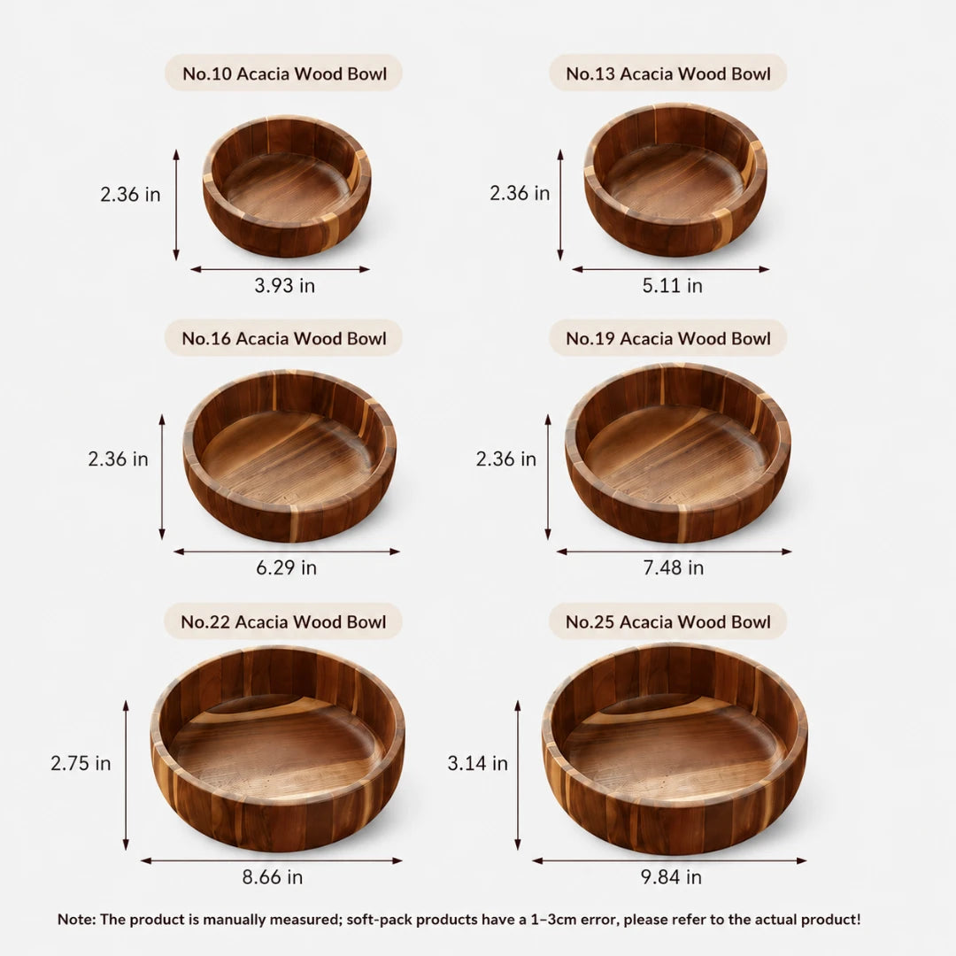 Josh & Tate - AcaciaCurve™ Wood Bowl - A size comparison chart showing six different acacia wood bowls with labeled diameters and heights, plus a note at the bottom about manual measurement accuracy.