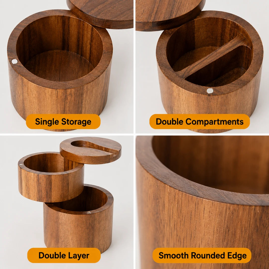 Josh & Tate - AcaciaJar™ Seasoning Box Storage - Four-panel product detail collage of a round wooden storage container with its lid and removable compartments shown on a light gray background. Labels read Single Storage, Double Compartments, Double Layer, and Smooth Rounded Edge.