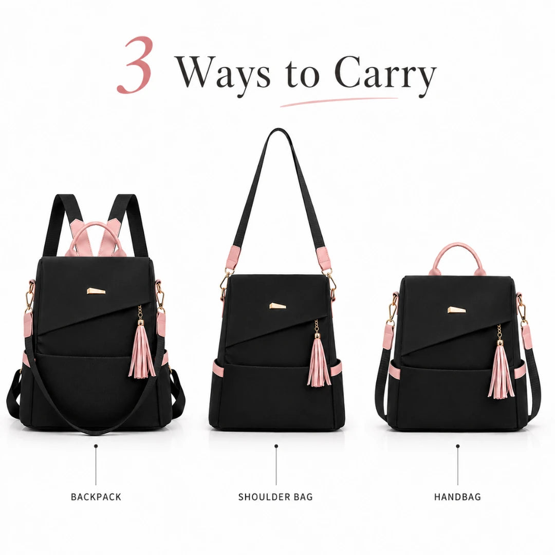 Josh & Tate - AntiTheft™ Oxford Backpack - A product infographic showing a black backpack, shoulder bag, and handbag set with pink tassel details, labeled '3 Ways to Carry' on a white background.