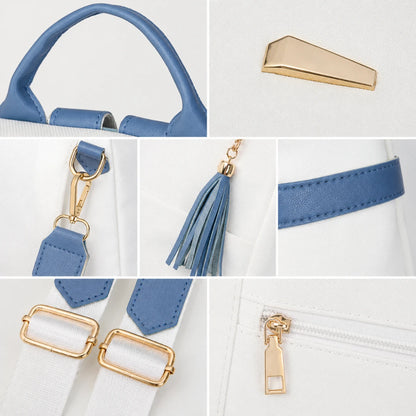 Josh & Tate - AntiTheft™ Oxford Backpack - A six-panel close-up collage showing details of a blue and white handbag, including the top handle, a gold-tone geometric hardware accent, a strap clasp with gold hardware, a blue tassel charm, a blue strap detail, and a white zipper with a gold pull.