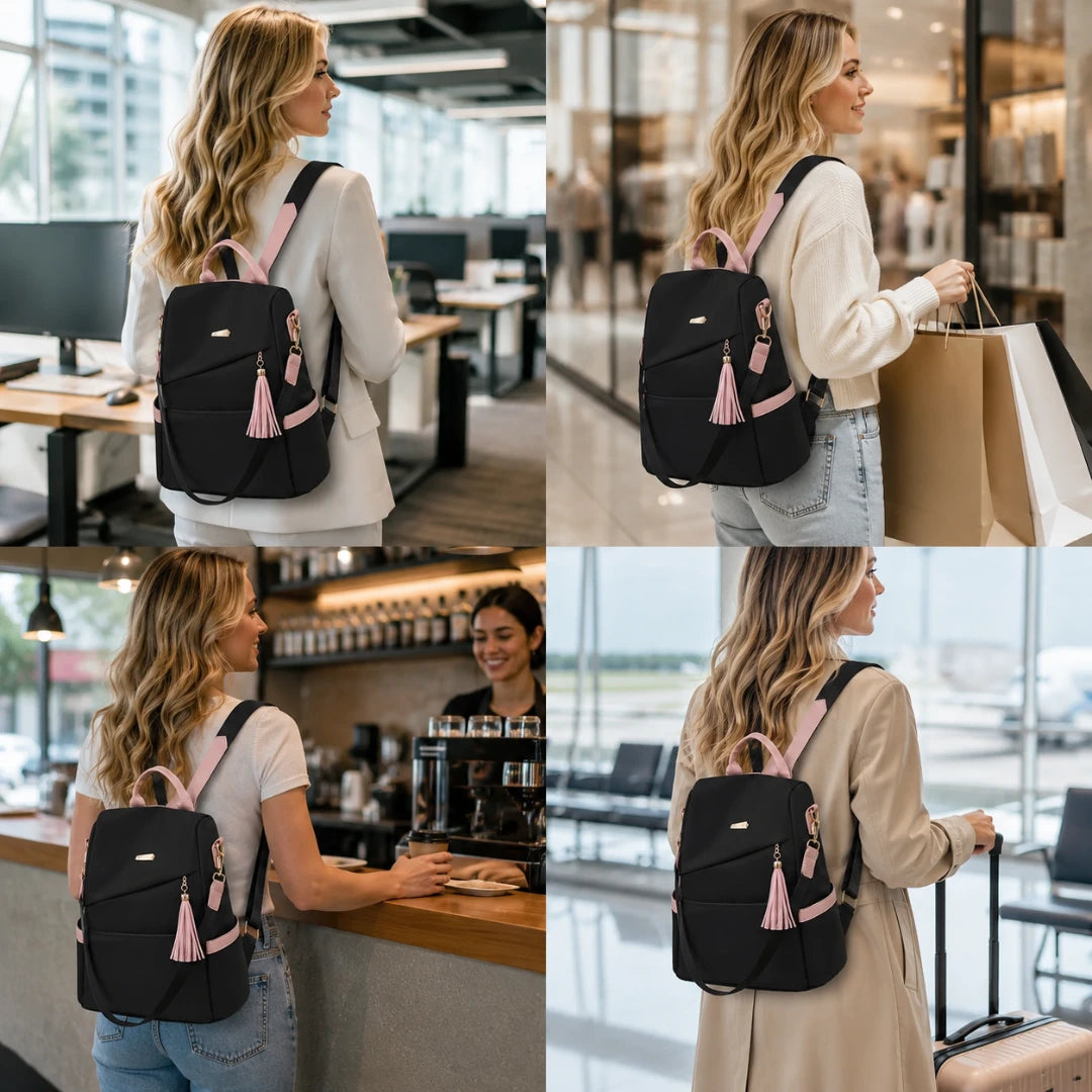 Josh & Tate - AntiTheft™ Oxford Backpack - A four-panel collage showing a woman wearing a black backpack with pink straps and tassel details in different indoor settings: an office, a store, a cafe counter, and near an airport terminal.