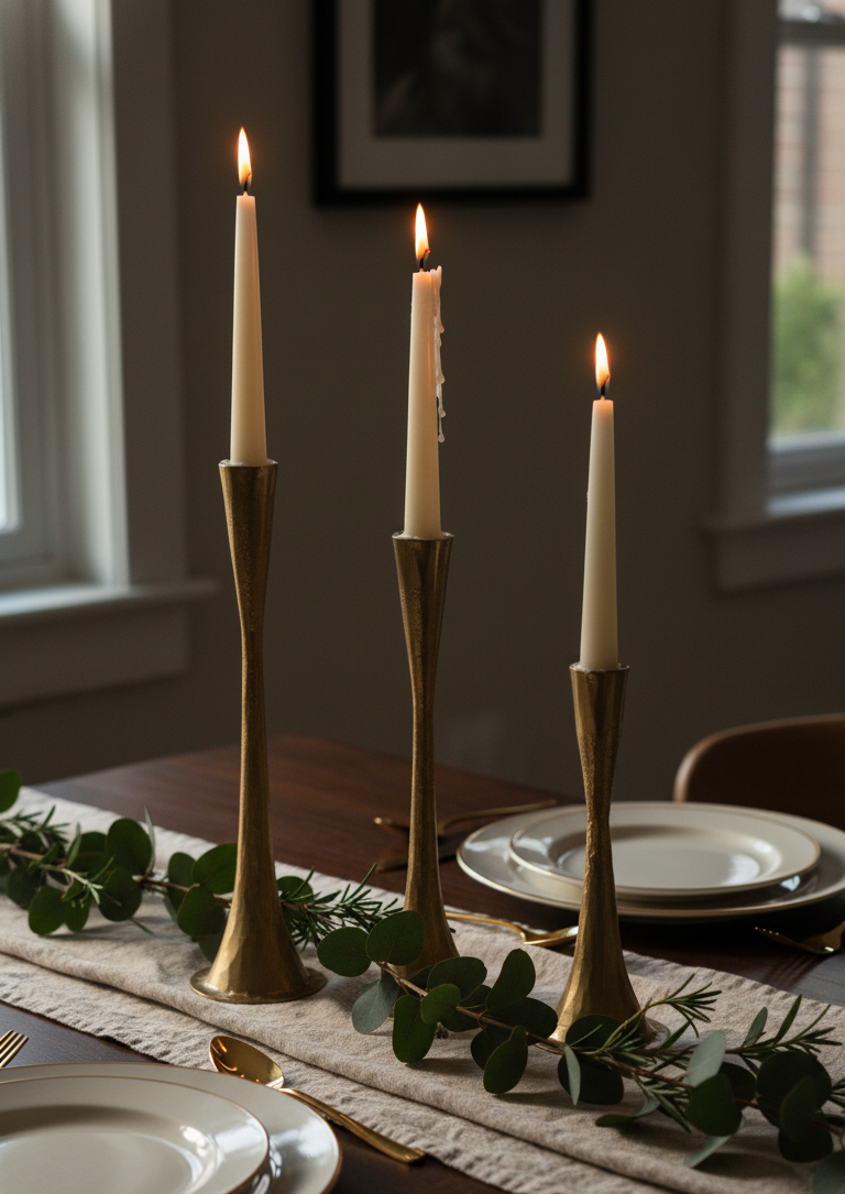 Three lit candles in gold candlesticks on a table with greenery and plates.